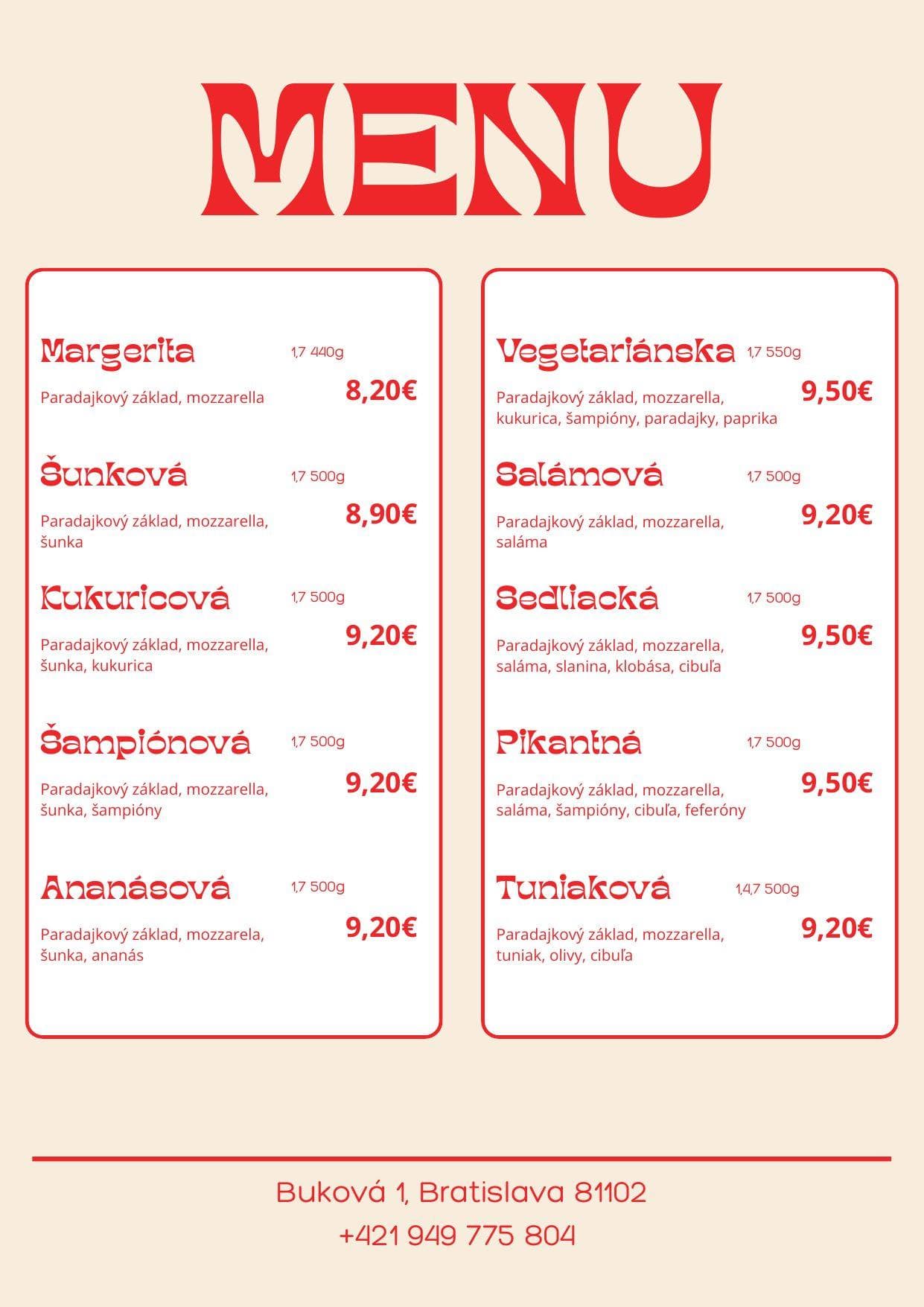 Menu Miguel Pizza Bratislava
